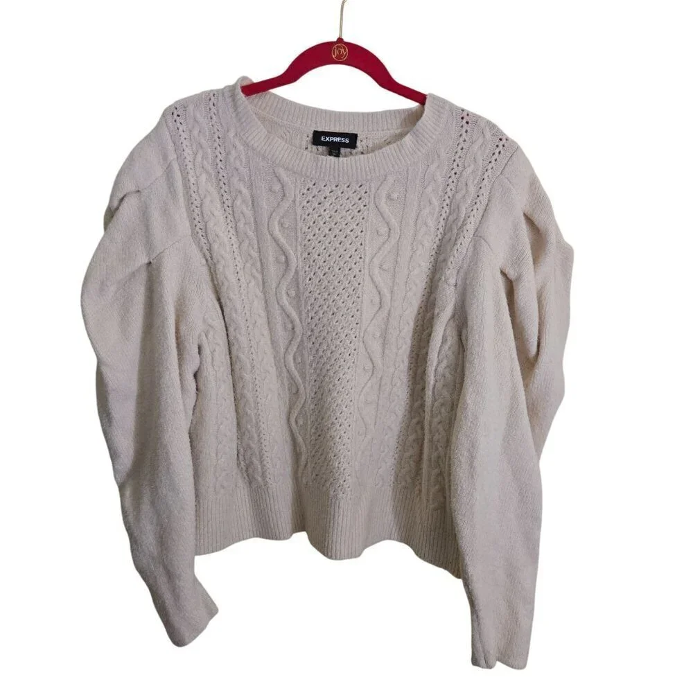 Express Blush Exaggerated Puff Sleeve Cable Knit Acrylic Wool Blend Sweater Size